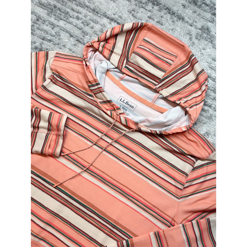 L.L.Bean Hoodie Women Large Orange Striped Pullover Sun Shirt 517707